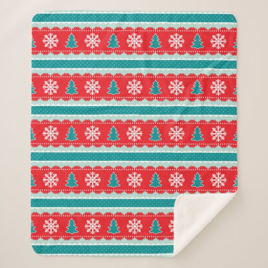 Couverture Sherpa Arbres de Noël Snowflakes Rouge Turquoise Motif (Devant)