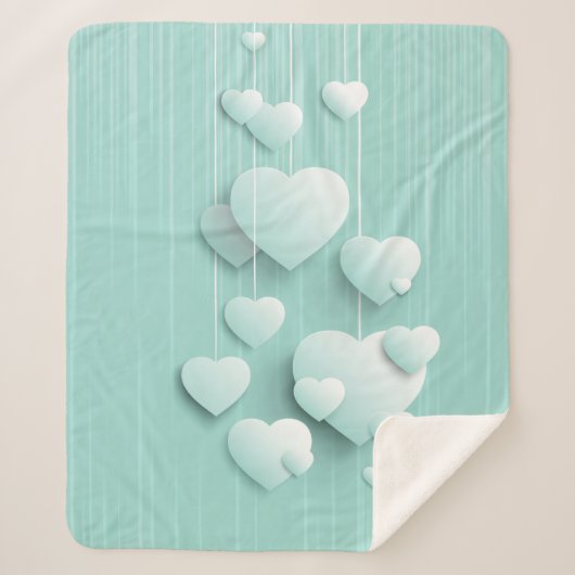 Couverture Sherpa Arrière - plan vert clair avec coeur blanc 3D (Devant)