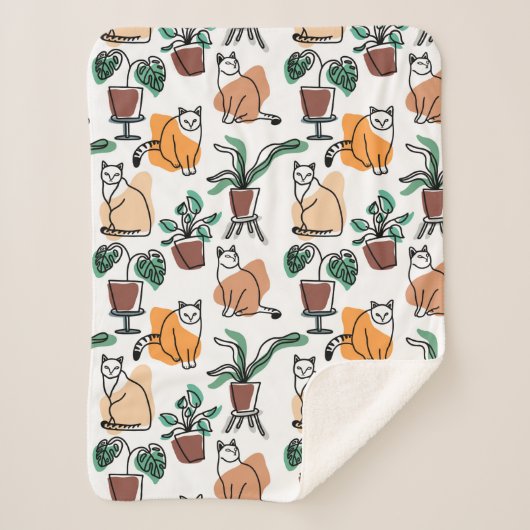Couverture Sherpa Art de trait dessin chats et fleurs (Devant)