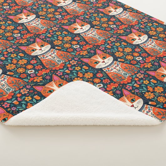 Couverture Sherpa Art populaire Whimsical Chat et Fleurs (3/4)