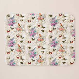Couverture Sherpa Art vintage d'oiseaux, fleurs, papillons Vieilles