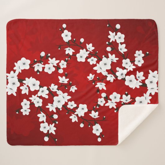 Couverture Sherpa Asie Floral blanc cerisier rouge (Devant (Horizontal))