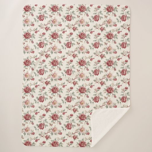 Couverture Sherpa Assez Chic Fleur Rouge Crème (Devant)