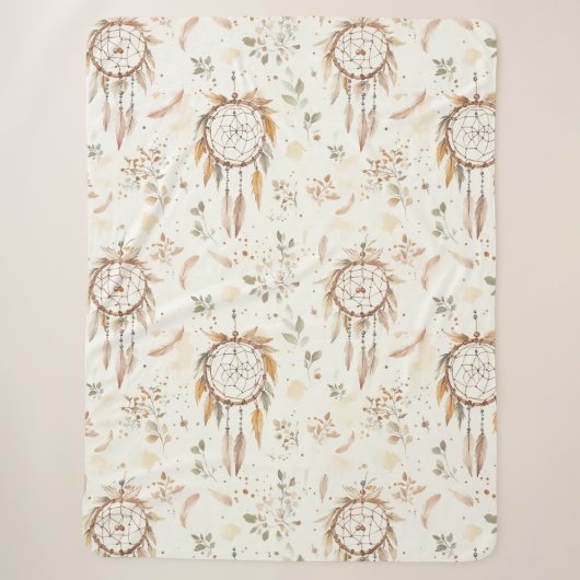 Couverture Sherpa Attrape-rêves plumes Boho crème (Devant)