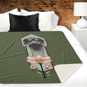 Couverture Sherpa Autruche Rose Fleurs Vert Olive Art Déco
