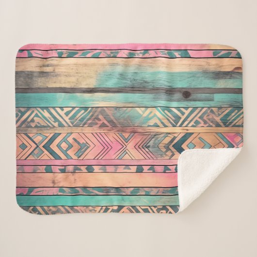 Couverture Sherpa Aztec Sud-Ouest Bleu Et Tribal Rose (Devant (Horizontal))