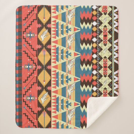 Couverture Sherpa Aztèque coloré : oiseaux, fleurs motif. (Devant)