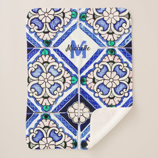 Couverture Sherpa Azulejo Motif espagnol Carreaux marine Monogramme (Devant)