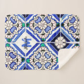 Couverture Sherpa Azulejo Motif espagnol Carreaux marine Monogramme (Devant (Horizontal))