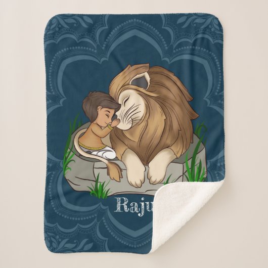 Couverture Sherpa Baby boy and lion on on a blue mandala background (Devant)