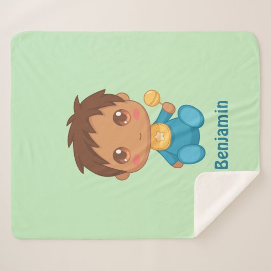 Couverture Sherpa Baby Boy Blue Jumpsuit Personnalisé Nom Vert (Devant (Horizontal))