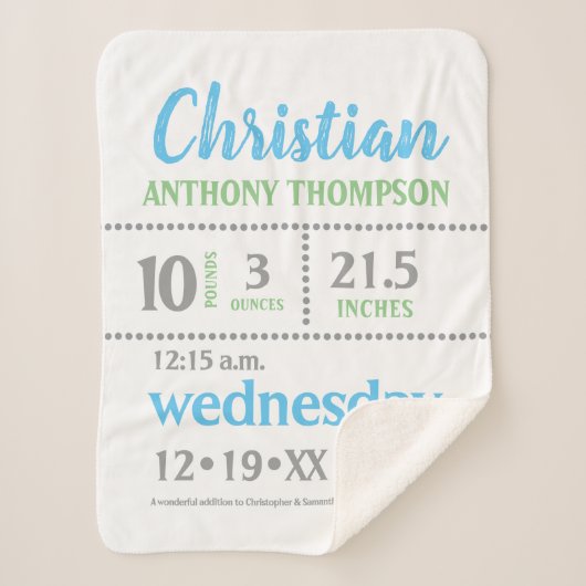 Couverture Sherpa Baby Boy Faire-part, bleu, vert, gris, gravures (Devant)