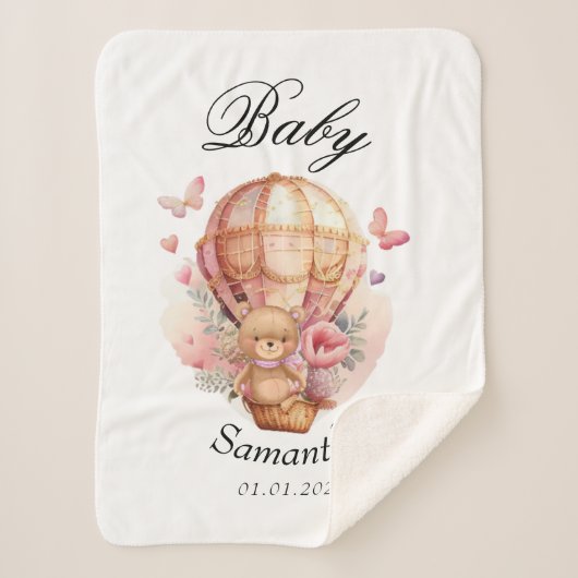 Couverture Sherpa Baby shower de ballon à air chaud Teddy Bear rose (Devant)