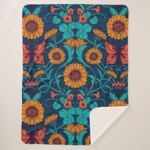 Couverture Sherpa Baies Art Nouveau en bleu et jaune
