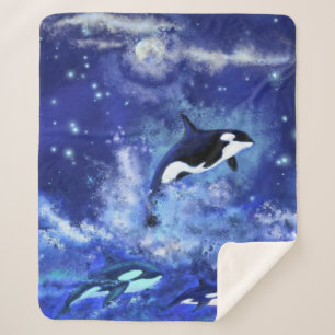 Couverture Sherpa Baleines tueuses en Pleine lune - Dessin artistiqu