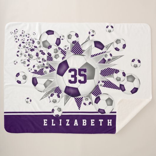 Couverture Sherpa ballons de football gris violet étoiles filles sal (Devant (Horizontal))