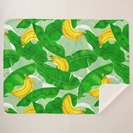 Couverture Sherpa Bananes et aquarelle feuille (Devant (Horizontal))