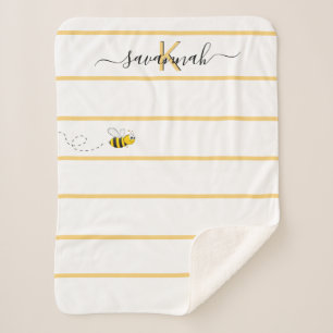 Couverture Sherpa Bandes blanches jaunes jolies abeilles script mono