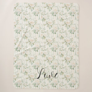 Couverture Sherpa Bandes florales crème romantiques feuilles vertes