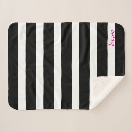 Couverture Sherpa Bandes Noires Et Blanches Monogrammes Rose (Devant (Horizontal))