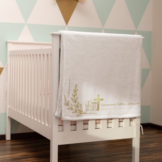 Couverture Sherpa Baptême de bébé personnalisé Gold Cross Floral