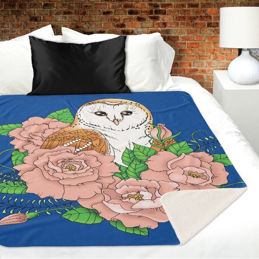 Couverture Sherpa Barne Chouette Fleurs roses Bleu