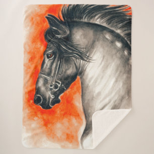 Couverture Sherpa Beauté friésienne Cheval Noir Aquarelle Art