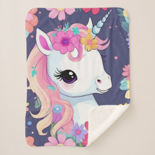 Couverture Sherpa Bébé blanc adorable licorne avec fleurs