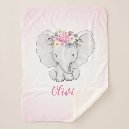 Couverture Sherpa Bébé de fille personnalisé par éléphant floral (Devant)