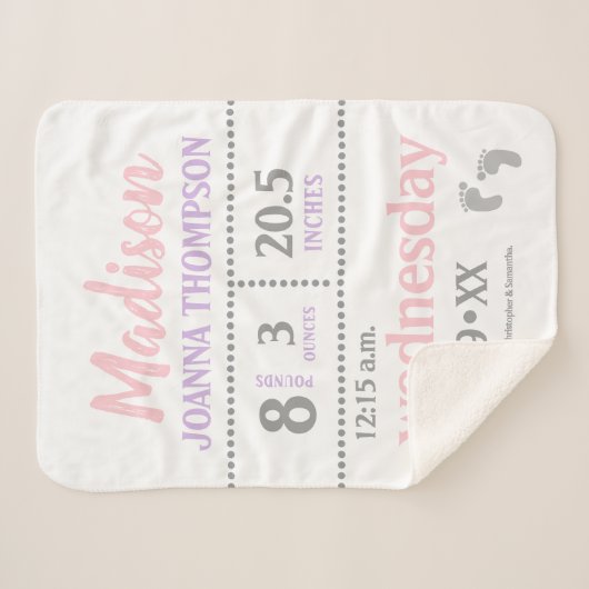 Couverture Sherpa Bébé fille Faire-part, rose, violet, gris, impress (Devant (Horizontal))