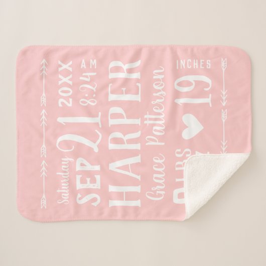 Couverture Sherpa Bébé rose Fille Naissance Statistiques Keepsaké (Devant (Horizontal))