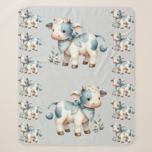 Couverture Sherpa Bébé Vache Gingham Bleu Pastel Esthétique Ferme (Devant)
