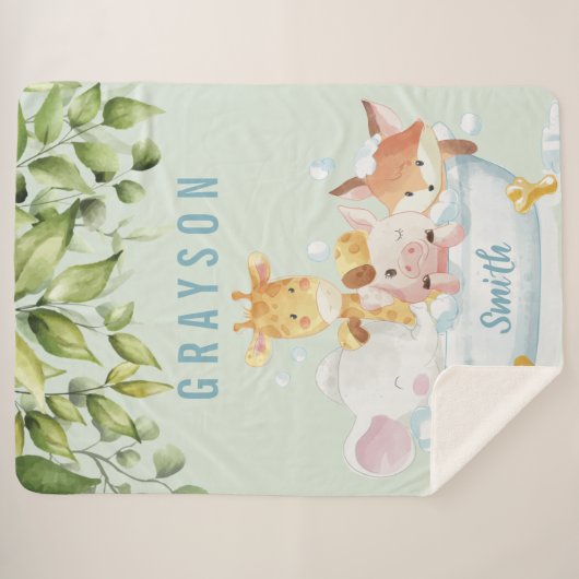 Couverture Sherpa Bébé vert botanique mignon animaux dans un bain (Devant (Horizontal))