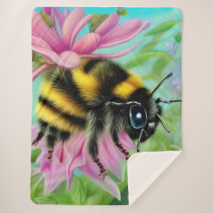 Couverture Sherpa Belle abeille sur une fleur rose Gros plan