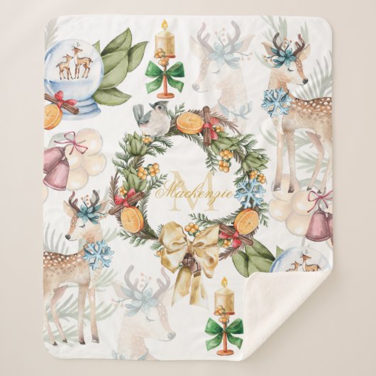 Couverture Sherpa Belle aquarelle de cerf Noël Nom de famille (Devant)