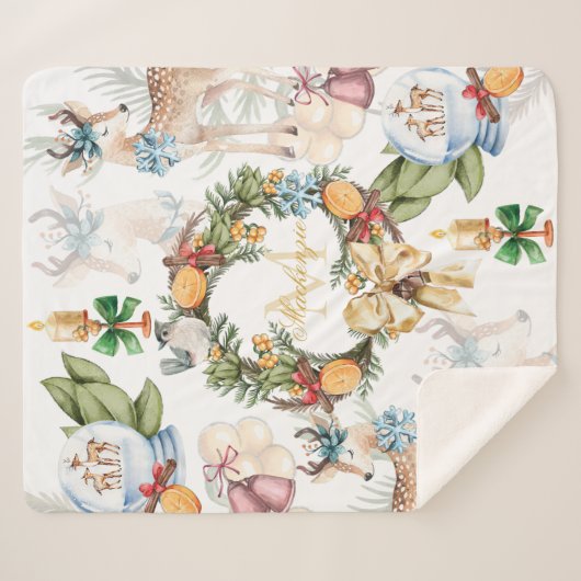 Couverture Sherpa Belle aquarelle de cerf Noël Nom de famille (Devant (Horizontal))