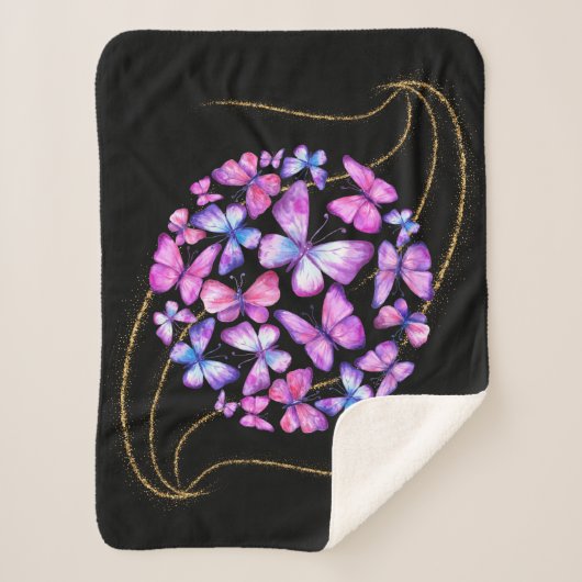 Couverture Sherpa Belle Aquarelle Papillons avec Boule d'Or (Devant)