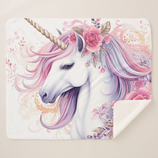 Couverture Sherpa Belle licorne florale (Devant (Horizontal))