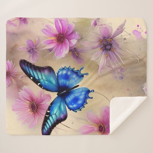 Couverture Sherpa Belles fleurs et papillon (Devant (Horizontal))