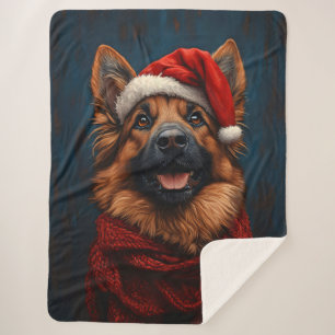 Couverture Sherpa Berger allemand dans un chapeau de Père Noël