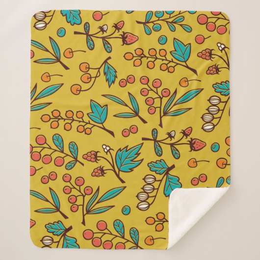 Couverture Sherpa Berries sur branches, motif naturel sans soudure. (Devant)