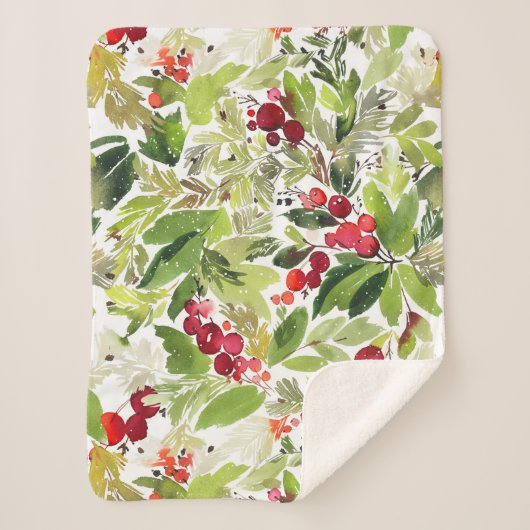 Couverture Sherpa Berry Holly Festive et aquarelle À feuillage persi (Devant)