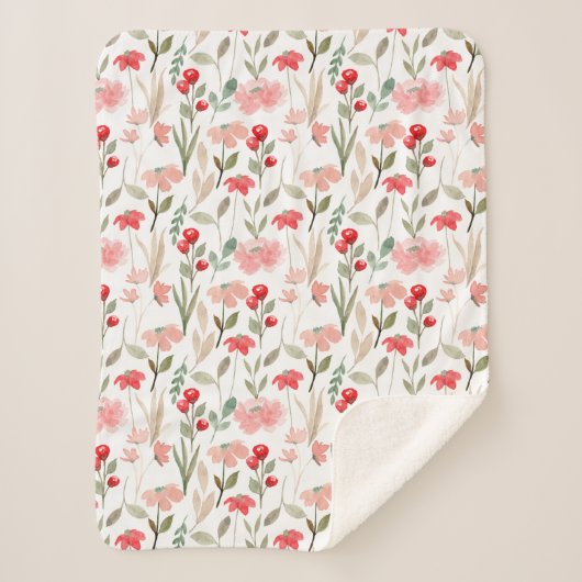 Couverture Sherpa Berry Rouge Blush Pink Motif Floral (Devant)