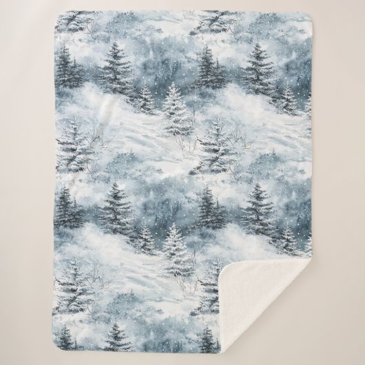 Couverture Sherpa Blanc Bleu Arbres de Noël Neige d'hiver (Devant)