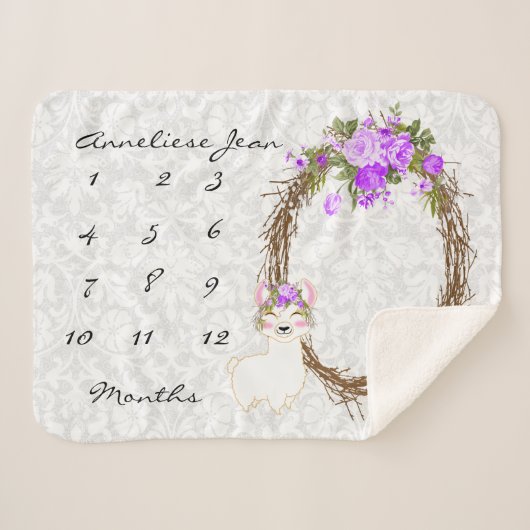 Couverture Sherpa Blanche bébé de Milestone - Llama - Purple (Devant (Horizontal))