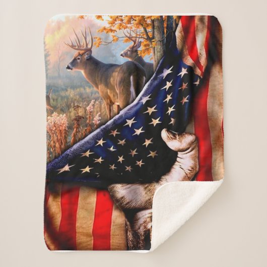 Couverture Sherpa Blanche Drapeau Américain De Cerf, (Devant)