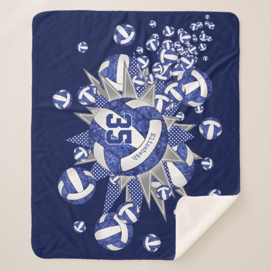 Couverture Sherpa bleu blanc volleballs stars filles nom personnalis (Devant)