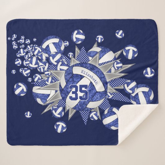 Couverture Sherpa bleu blanc volleballs stars filles nom personnalis (Devant (Horizontal))