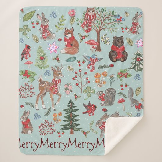 Couverture Sherpa Bleu boisé animal hiver neige Noël de l'enfant (Devant)