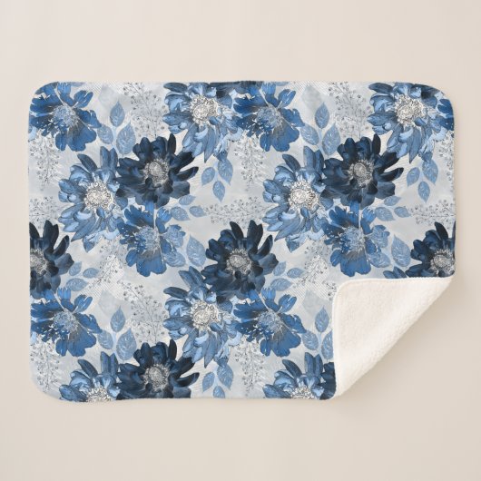 Couverture Sherpa Bleu clair, fleurs bleu foncé sur gris clair (Devant (Horizontal))